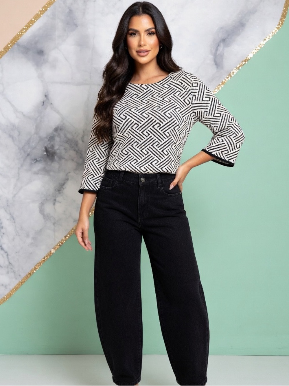 W5 NWT Geometric Blouse in Black & White Size Medium w/Fringe Endings